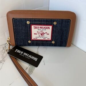 True Religion Dark Denim Zip Around Wallet Wristlet NWT